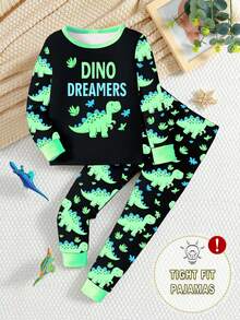 1 Set Pijama de manga larga ajustado con estampado de dinosaurio para niño pequeño, que brilla en la oscuridad (Nota: Este producto requiere exposición a luz UV para brillar. La versión ajustada es pequeña, por favor pida una talla talla grande si le preocupa) - Negro - Ver 3