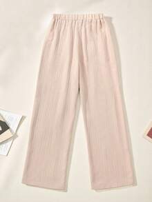 SHEIN Casuvi Kids 男童卡其色竖条纹罗纹宽松直筒裤，休闲百搭春夏新款，经典简约易搭，适合校园、都市休闲、周末聚会等场合。 - 卡其色 - 查看 5