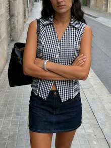 Pariaura 2026新款女士衬衫和背心：无袖衬衫领格子面料上衣，开襟设计，白色纽扣，腰部收紧 - 休闲、通勤、简约和度假风格 - 藍白色 - 查看 4