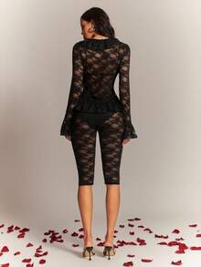 Radiana Women's Sexy Unique Black Sheer Lace 2-Piece Set, Lace Ruffle Button-Front Top And Low-Waist Lace Capri Pants, Suitable For Night, Date, Gathering, Party, Carnival, Club, Cocktail Party, Music Festival, Beach Holiday,Spring To Summer, - Black - View 2