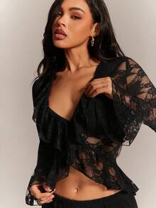 Radiana Women's Sexy Unique Black Sheer Lace 2-Piece Set, Lace Ruffle Button-Front Top And Low-Waist Lace Capri Pants, Suitable For Night, Date, Gathering, Party, Carnival, Club, Cocktail Party, Music Festival, Beach Holiday,Spring To Summer, - Black - View 5