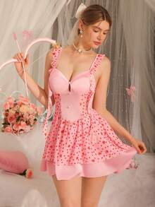 Camisón con estampado de corazones rosas, recortes de malla y volantes, sexy y lindo para mujeres