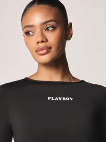Missguided x Playboy Bộ áo liền quần thể thao tay dài, cổ tròn, có logo khoét lưng, kiểu quần short thể thao, thích hợp cho lối sống năng động. - màu đen - Xem 4