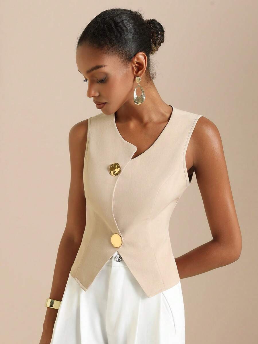 SHEIN Veneréa 亚麻质感金属装饰无袖背心外套 - 杏色 - 查看 1