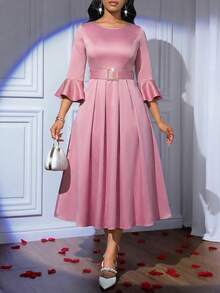 SHEIN Lady Đầm midi tay xòe thanh lịch dành cho nữ dự tiệc - Hồng - Xem 4