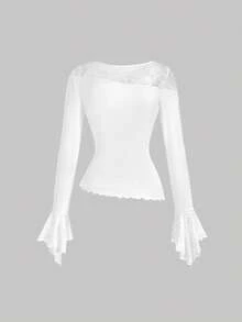 SHEIN MOD 女士纯色极简蕾丝长袖T恤，日常穿着，外出上衣，春夏上衣，情人节，海滩度假，优雅女士上衣，休闲女士上衣，度假女士上衣，白色上衣，拼接蕾丝上衣，透视上衣 - 白色 - 查看 2