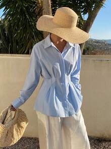 Livesso Women's Collared Ruched Waist Blouse, Autumn/Winter - Blue - View 3