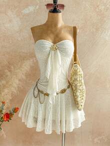 Soleia 女士度假风无肩带金属装饰迷你连衣裙，佩斯利花纹针织面料，适合节日派对、圣诞节、约会之夜、夜店、波西米亚风、度假、秋季女装，复古风 - 米色 - 查看 5