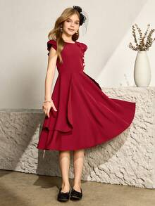 女童纯色A字蝴蝶装饰短裙，适合婚礼、舞会、生日派对、宴会等场合 - 酒紅色 - 查看 3