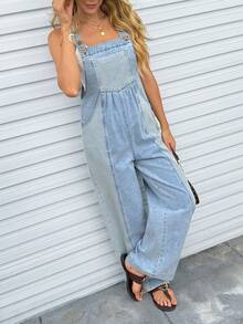 Breezaya Quần yếm denim kẻ sọc phối màu phong cách thường ngày mùa hè dành cho nữ - Màu xanh lam - Xem 3