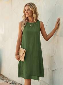 Faunlyn 女士夏季休闲无袖圆领 A 字连衣裙 - 綠色 - 查看 5