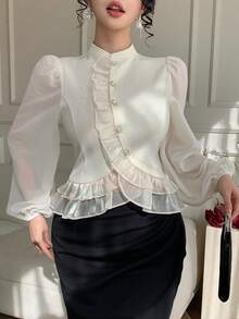 DAZY 女士蕾丝拼接优雅休闲衬衫，腰部收紧设计，适合春季、夏季、情人节、婚礼等场合。 - 白色 - 查看 5