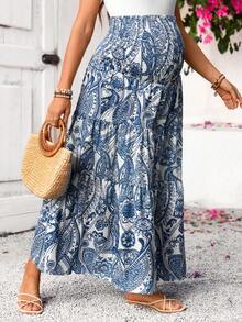 SHEIN Maternity Vacation Cashew Print Adjustable Waist Drawstring Elegant A-Line Skirt - Blue and White - View 4