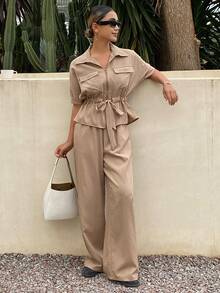 DAZY Women's Casual Loose Vacation Style Cinched Waist Shirt And Wide Leg Pants Set, Spring/Summer - Khaki - View 3