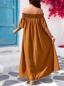 SHEIN Maternity Vacation Brown Solid Color Ruffle Off-Shoulder Pleated Casual Maxi Dress,Summer Boho Holiday Off The Shoulder Long Dress - Orange - View 3