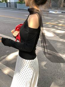 DAZY Women's Elegant 2 In 1 Splice Asymmetrical Shoulder Long Sleeve T-Shirt, Suitable For Spring & Summer, Party & Date - Black - View 5