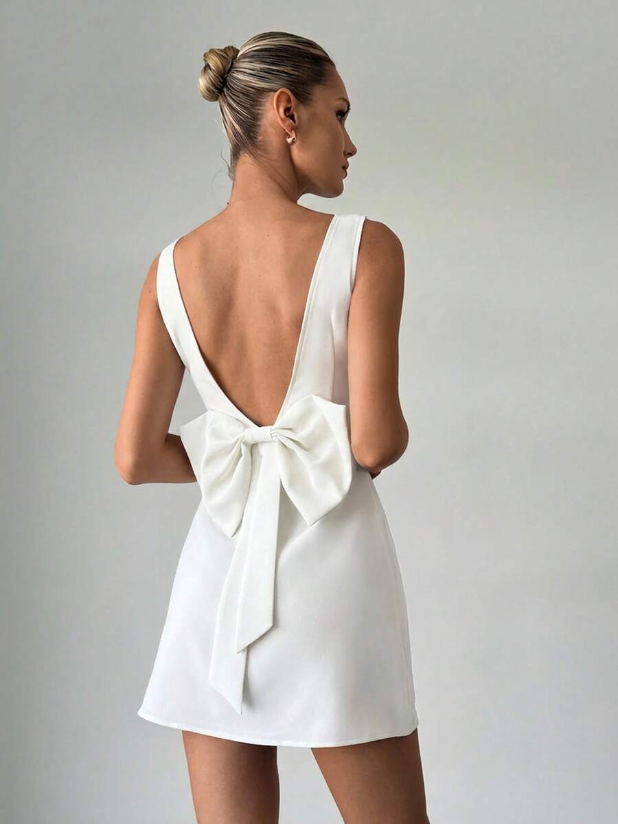 Firerie Đầm mini đỏ thanh lịch mới, thiết kế hở lưng gợi cảm với nơ, thích hợp cho kỳ nghỉ của phụ nữ, trang phục dự tiệc cưới/đầm dự tiệc cô dâu/đầm trắng; đầm chống nắng hở lưng buộc dây - trắng - Xem 1