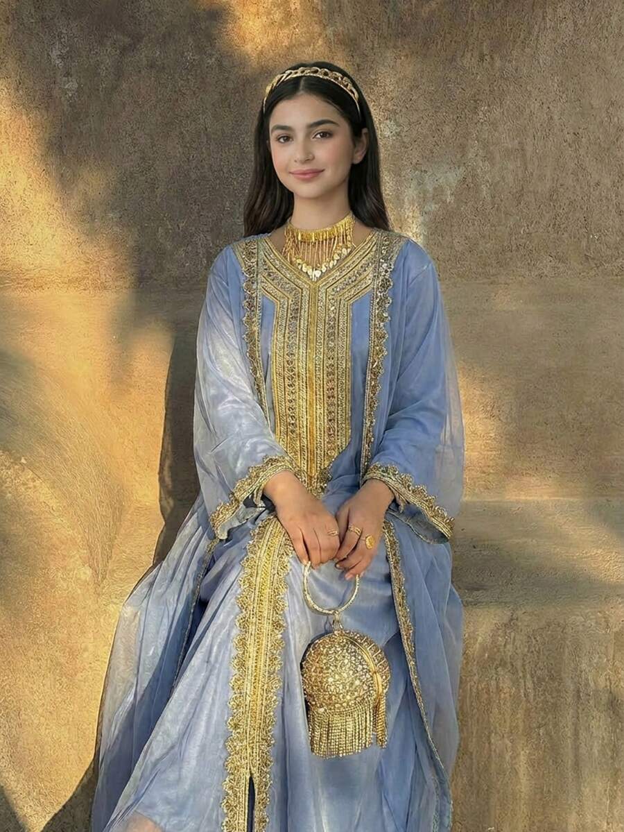 SHEIN Teen Girls Mist Blue & Light Blue, Gold Ribbon, Tassel, Spring/Summer, Vacation, Golden Lace Trim, Loose V-Neck Color Block Robe, Middle Eastern Arabic Style Long Dress, National Day Long Dress