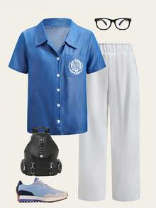 SHEIN Casuvi Kids Tween Boy Denim Effect Casual Shirt & Simple Versatile Long Pants 2 Pieces Set - Blue - View 3