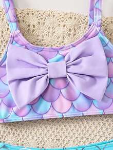 SHEIN 2pcs/Set Cute Mermaid Scale & Bow Decor Young Girl Swimsuit Set, Suitable For Beach Vacation