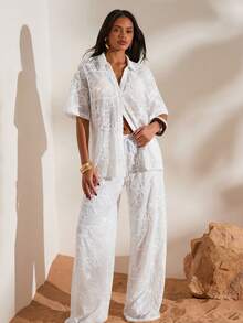 Opulessa 女士纯色宽松阔腿低腰针织裤，春夏款，适合春夏过渡季节、情人节、狂欢节等场合，优雅百搭，适合派对、海滩、婚礼宾客、夏季度假等休闲场合。 - 白色 - 查看 6