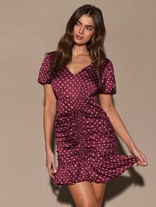 SHEIN BAE Women's Polka Dot Print Ruffle Elegant Short Sleeve Dress - Burgundy - View 5
