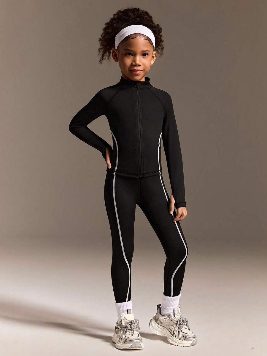 SHEIN Conjunto de chaqueta y mallas activas para niñas jóvenes, diseño de bloques de color negro, las líneas curvas favorecen la figura, tela cómoda y de alta elasticidad, adecuado para correr, yoga, tenis, bádminton y otros deportes - Negro - Ver 1