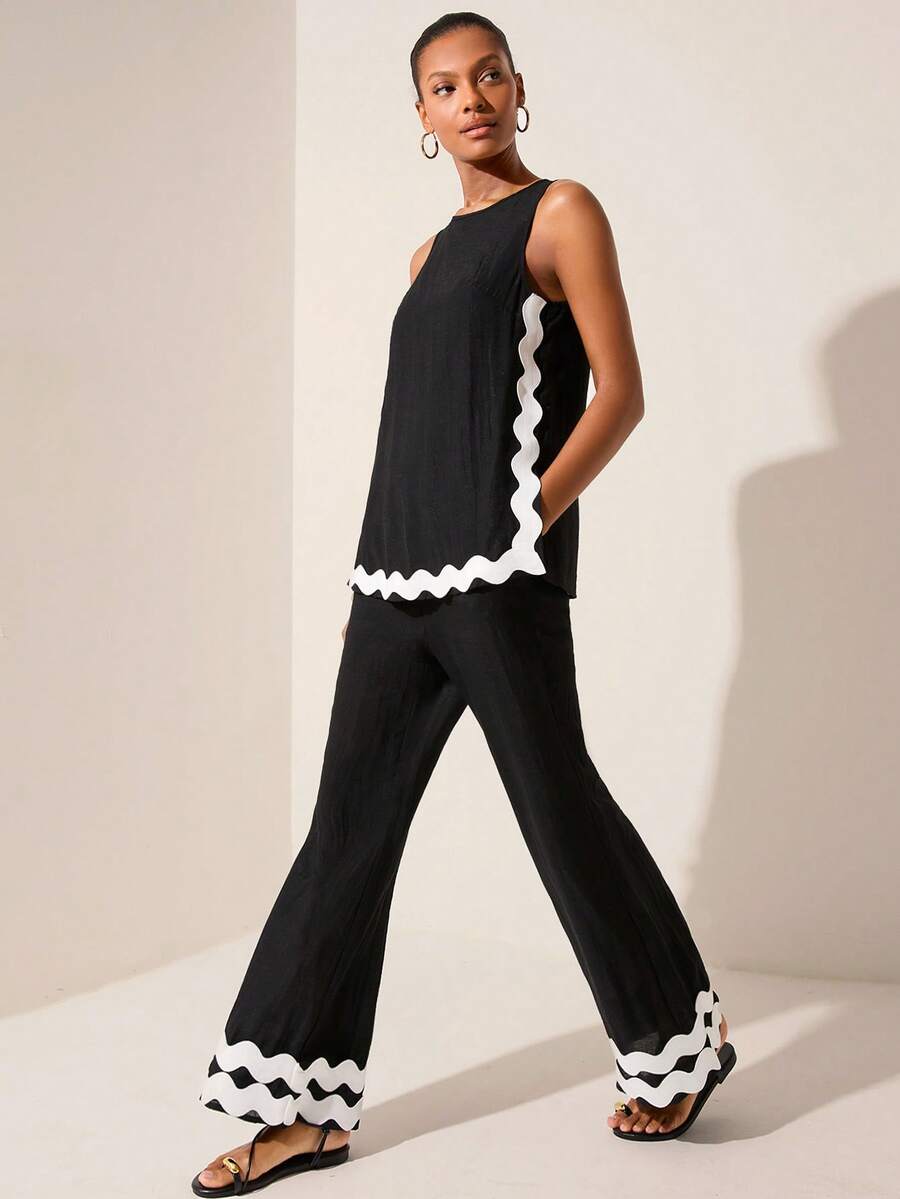 Lilora 女士圆领撞色上衣搭配喇叭裤休闲套装