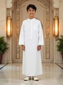 SHEIN 青少年男童极简金色印花长袍，传统服饰，长袖阿拉伯服装，简约廓形，节日版