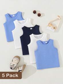 SHEIN 5件套休闲白色针织无袖背心，适合叠穿、外出、休闲穿着、旅行，适合6个月至3岁的男婴。