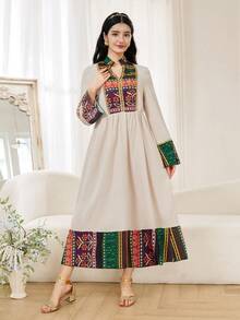 SHEIN Elegant Apricot Print Dress For Teen Girls,Dignified Floral Patterns High-End Style,Beige,Autumn,Casual,Graduation,Wedding Ninang,Travel Photography - Apricot - View 6