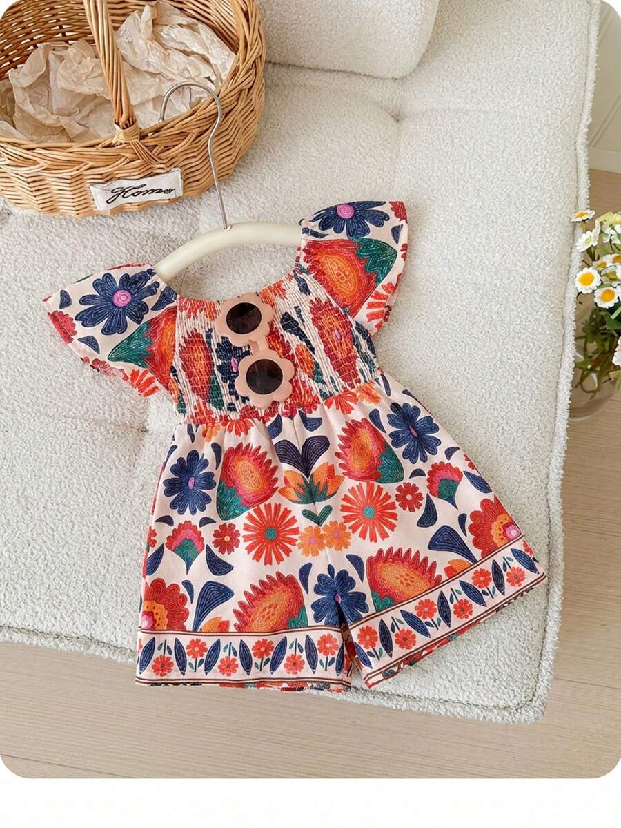 SHEIN Bộ áo liền quần tay ngắn in hoa dễ thương cho bé gái sơ sinh, thích hợp cho mùa hè. - Nhiều màu - Xem 1