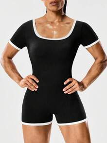 Seamluxe SHEIN Sport 运动无缝撞色滚边运动短裤连体衣，运动连体衣，健身连体衣，锻炼连体衣，罗纹连体衣女士运动套装，海军蓝女士运动服，健身服，女士健身服，女士训练服，女士健身服，女士训练服，女士运动服（双面可穿） - 彩色 - 查看 4
