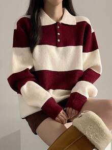 DAZY Women's Collared Striped Patchwork Contrast Color Half-Zip Sweater - Burgundy - View 6