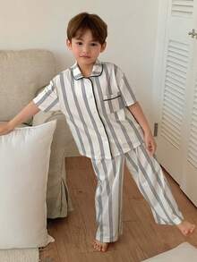 DAZY 男童条纹印花纽扣短袖上衣和裤子睡衣套装（春季款） - 杏色 - 查看 4