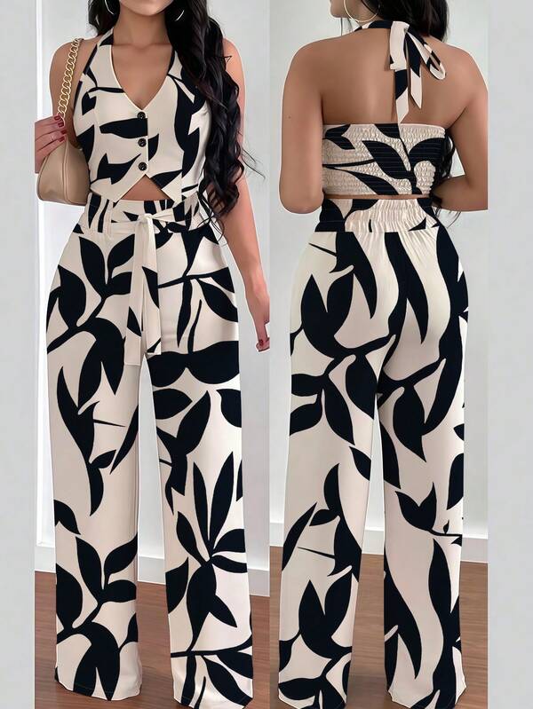 EMERY ROSE Conjunto de 2 piezas de top sin espalda con atar en el cuello y pantalones anchos estampados, look casual de vacaciones para mujer