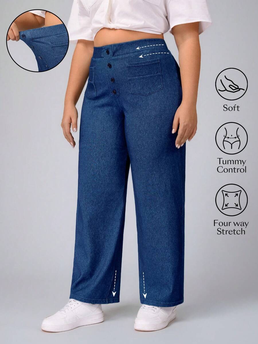 SHEIN Unity Plus Size Solid Color Stretchy Casual Straight Leg Jeans - Medium Wash - View 1