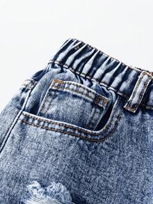 Sparklyn 少女款破洞宽松阔腿休闲牛仔裤，复古美式风格 - 中等水洗藍 - 查看 5