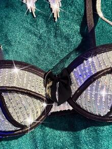 MidnightGlam 5件套华丽亮片蝴蝶装饰吊带性感内衣套装（女士款） - 銀色 - 查看 8