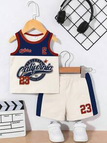 SHEIN Playful Pals 男婴休闲运动套装（2件套），可爱Logo及23号印花背心搭配短裤，适合夏季外出穿着