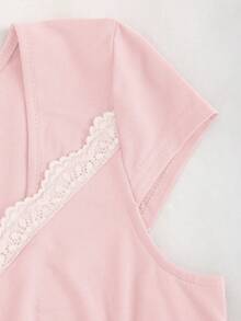 Sweetra Spetspatchwork Twist Sweetheart Neck Figurnära Trendig Kortärmad T-shirt - Babyrosa - Visa 4