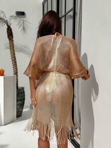 Swim SXY Áo khoác ngoài kiểu kimono dài, xẻ cao, phối màu ombre, có tua rua, buộc dây, gợi cảm dành cho nữ, thích hợp cho kỳ nghỉ hè, thu ở bãi biển. - Vàng - Xem 2