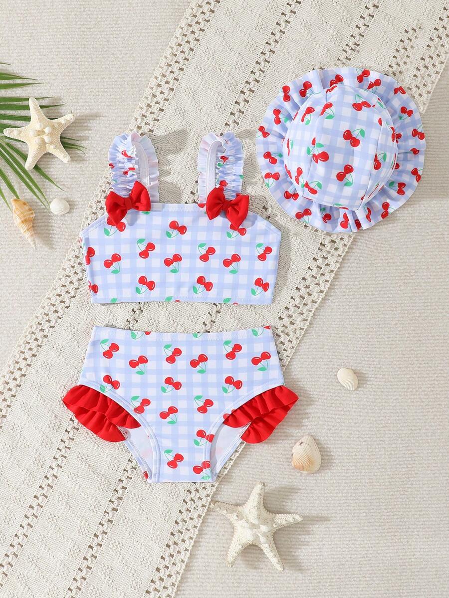 SHEIN Vintaside Kids 3件套女婴蝴蝶拼接格子沙滩套装，含可爱格子帽 - 彩色 - 查看 1