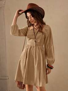 Wildy Elegant Khaki Square Neck Mini Dress For Women With Long Puff Sleeves And Flared Hem Made Of Woven Fabric - Khaki - View 1