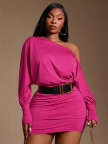 Radiana Este vestido mini asimétrico de hombros descubiertos en color fucsia es de talla grande y versátil, adecuado para uso diario, citas, té de la tarde, reuniones con amigos y diversas otras ocasiones. También se puede usar como vestido de noche, atuendo de otoño/invierno, top de invitada a una boda de otoño, top elegante y sofisticado, ocasión formal, estilo Y2K, fiesta de cumpleaños u salida. Talla grande, estilo básico. - Rosa Fucsia - Ver 3
