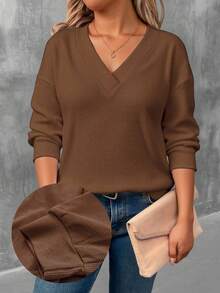 EMERY ROSE Women's Plus Size Casual V-Neck Long Sleeve T-Shirt, Brown, Autumn Fall - Multicolor - View 4