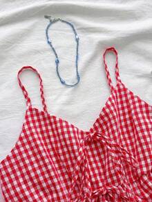 SHEIN Teen Girls Sets Summer Outfits Blue Tie Front Cami Top & Shorts Casual Summer Sets - Red and White - View 3