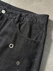 ROMWE MEN Street Life Men's Casual Washed Metal Eyelet Decoration Denim Jeans - Black - View 3