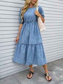 SHEIN Holidaya 女士休闲水洗泡泡袖牛仔连衣裙，夏季