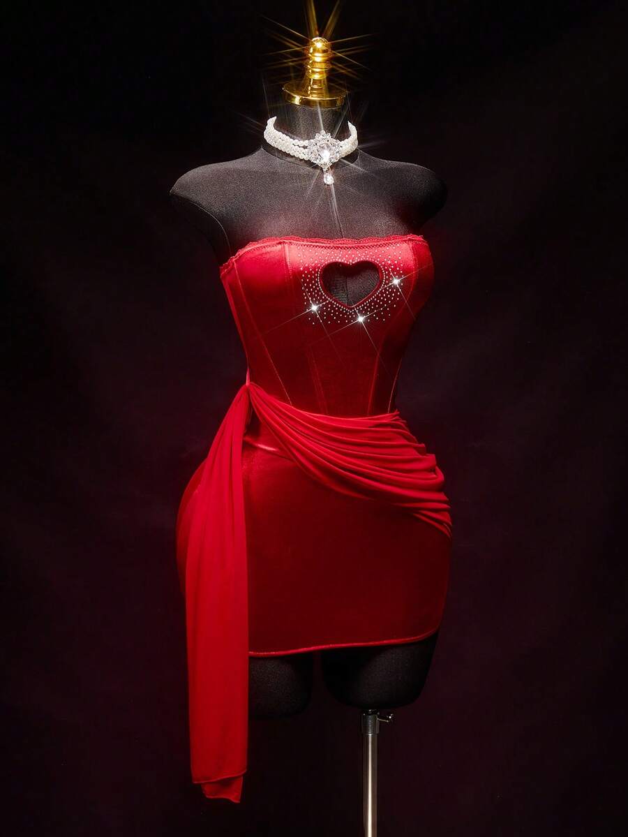 SHEIN ICON Đầm dự tiệc sang trọng, gợi cảm, đính đá hình trái tim, chất liệu satin, màu đỏ, thích hợp cho đám cưới, sinh nhật, kỳ nghỉ, ngày Valentine, hẹn hò, đêm tân hôn dành cho nữ. - Đỏ - Xem 1